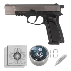 Zestaw wiatrówkowy 11: pistolet Voltran Ekol ES P66 Fume 4.5 mm, 1400 BBs, 10 kapsuł CO₂, 100 tarcz