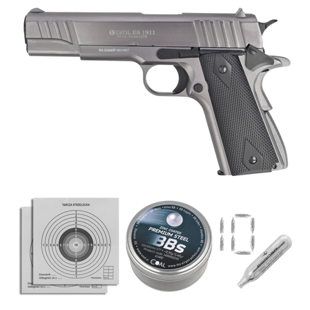 Zestaw pistolet wiatrówka Voltran Ekol ES 1911 v2 Fume 4.5 mm - Blow Back, 1400 BBs, 10 kapsuł, tarcze