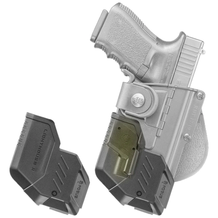 Fobus Holster, Tactical Series, for Glock 19, 19X, 23 (excluding 23 and 22 Gen 5), 32, and 45. This holster is designed for tactical use and is compatible with flashlights and laser units (RBT19G2 Bundle).