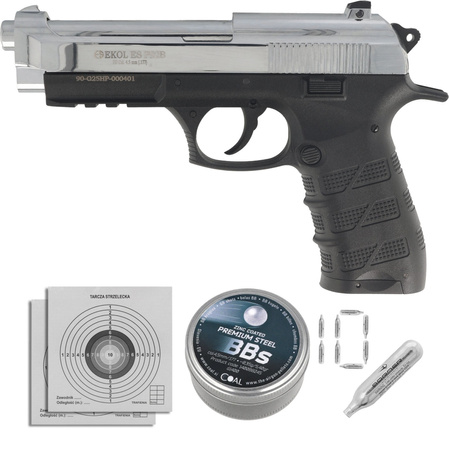 Airgun Set 26: Voltran Ekol ES P92B Blow Back Shiny 4.5 mm Air Pistol, 1400 BBs, 10 CO₂ Cartridges, 100 Targets