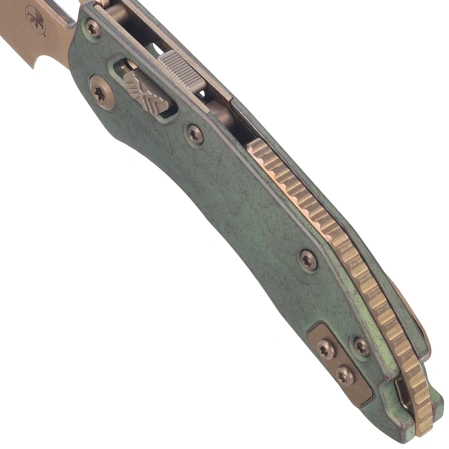 Microtech M-Stitch Ram-Lok S/E Marfione Select Knife Slab Side Antique Green Titanium, Bronze HW, Stonewashed M390MK by Borka Blades and Tony Marfione (169MRL-13MS1)