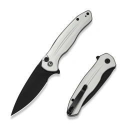 Civivi Button Lock Kitefin Knife Silver Aluminum, Black Stonewashed 14C28N (C24091-2)