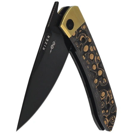 Nóż składany Kizer Mini MoMo Gold Titanium / Camo Gold Fat Carbon, Polished DLC S90V by Vladimir Legachev (Ki3663A3)