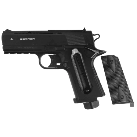 Zestaw wiatrówki 44: Pistolet Borner WC 401 4.5 mm, 1400 BBs, 10 kapsuł CO₂, 100 tarcz