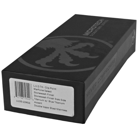 Microtech LUDT Gen III S/E Marfione Select Automatic Knife Gray Slab Side Titanium, Blue HW, Stonewashed M390MK by Tony Marfione (1135-10MS3)