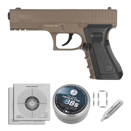 Zestaw wiatrówkowy 61: Pistolet Niksan Defence NKS CP17 Tan 4.5 mm, 1400 BBs, 10 kapsuł CO₂, 100 tarcz