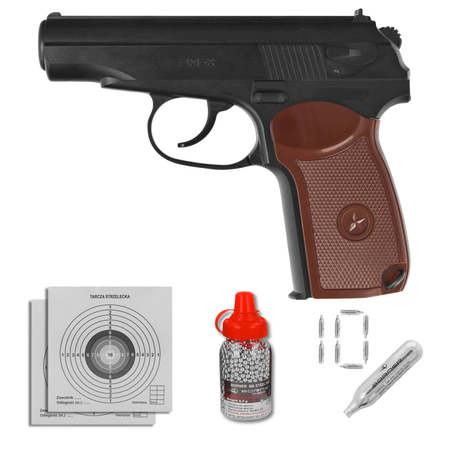 Zestaw wiatrówkowy 40: pistolet Borner Makarov PM-X 4.5 mm, 1500 BBs, 10 kapsuł CO₂, 100 tarcz
