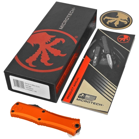 Microtech Hera II Mini D/E OTF Knife Orange Aluminum, Black M390MK by Tony and Sean Marfione (1702M-1OR)