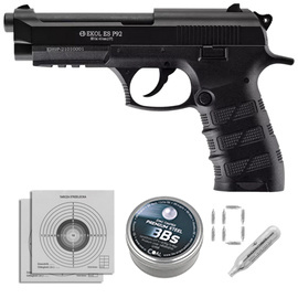 Zestaw wiatrówkowy 21: pistolet Voltran Ekol ES P92 Black 4.5 mm, 1400 BBs, 10 kapsuł CO₂, 100 tarcz