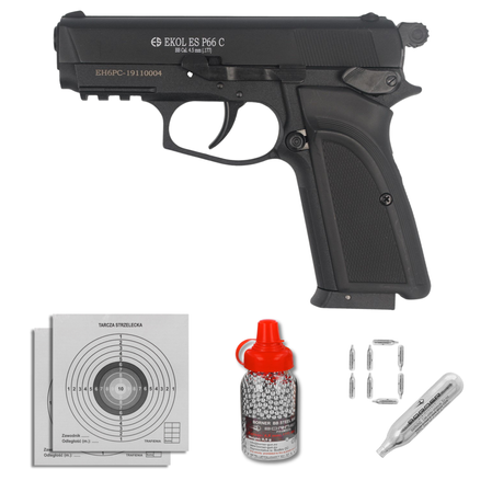 Zestaw wiatrówkowy 16: pistolet Voltran Ekol ES P66C Black 4.5 mm, 1500 BBs, 10 kapsuł CO₂, 100 tarcz