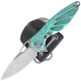 Rike Knife Mini Hummingbird Green Titanium, Rose Damascus by Richard Wu (RK-MINI-G)