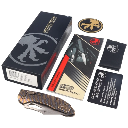 Microtech M-Stitch Ram-Lok S/E Marfione Select Knife Slab Side Flamed Titanium, Bronze HW Stonewashed M390MK by Borka Blades and Tony Marfione (169MRL-10MS7)
