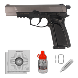 Zestaw wiatrówkowy 11: pistolet Voltran Ekol ES P66 Fume 4.5 mm, 1500 BBs, 10 kapsuł CO₂, 100 tarcz