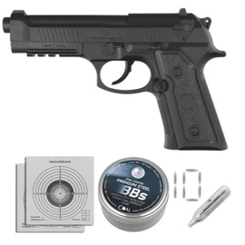 Zestaw wiatrówkowy 62: Pistolet Niksan Defence NKS CP92 Black 4.5 mm, 1400 BBs, 10 kapsuł CO₂, 100 tarcz