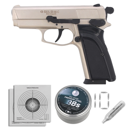 Zestaw wiatrówkowy 07: pistolet Voltran Ekol ES 66C Satin 4.5 mm, 1400 BBs, 10 kapsuł CO₂, 100 tarcz