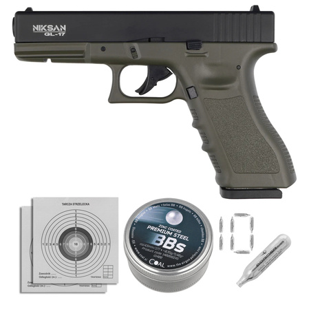 AIrgun Set 66: Niksan Defence NKS GL17 Olive Drab Blow‑Back 4.5 mm Air Pistol, 1400 BBs, 10 CO₂ Cartridges, 100 Targets