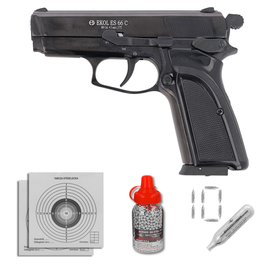 Zestaw wiatrówkowy 05: pistolet Voltran Ekol ES 66C Black 4.5 mm, 1500 BBs, 10 kapsuł CO₂, 100 tarcz