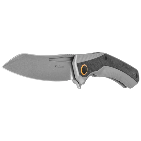 Kizer Draca Knife Gray Aluminum / Black-Green Carbon Fiber, Stonewashed S45VN by Mikey Carlson (Ki4751A1)