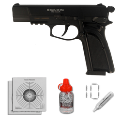 Zestaw wiatrówkowy 10: pistolet Voltran Ekol ES P66 Black 4.5 mm, 1500 BBs, 10 kapsuł CO₂, 100 tarcz