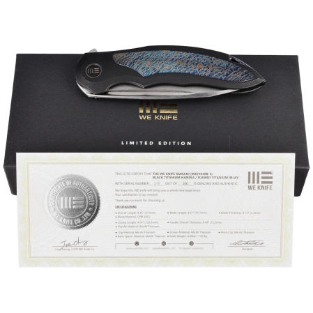 WE Knife Makani LE No 148/300 Black Titanium / Flamed Titanium Inlay, Hand Rubbed Satin CPM 20CV by Anton Tkachenko knife (WE21048B- 3)
