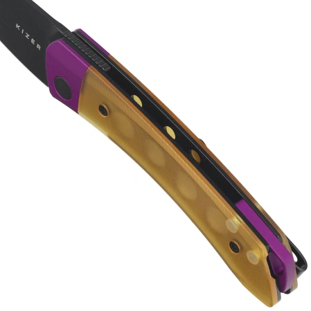 Kizer Mini MoMo Knife Purple Aluminum / Yellow PEI, Black PVD Nitro-V by Vladimir Legachev (V3663A1)
