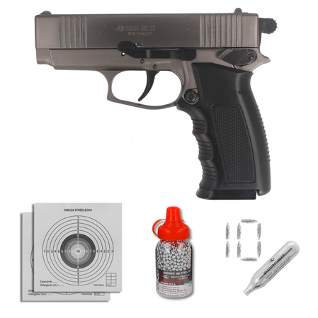 Zestaw pistolet wiatrówka Voltran Ekol ES 55 Fume 4.5 mm, 1500 BBs, 10 kapsuł, tarcze