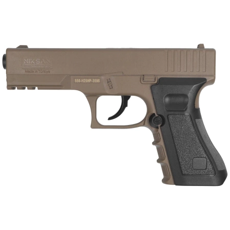 Zestaw wiatrówkowy 61: Pistolet Niksan Defence NKS CP17 Tan 4.5 mm, 1400 BBs, 10 kapsuł CO₂, 100 tarcz
