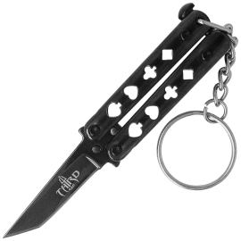 Third Decor Habitat Balisong Poker Knife Keychain, Black Stainless Steel, Black 420 (TH-K0101N)