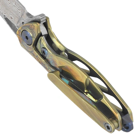 Rike Knife Mini Hummingbird Gold Titanium, Rose Damascus by Richard Wu (RK-MINI-GO)
