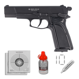 Zestaw wiatrówkowy 02: pistolet Voltran Ekol ES 66 Matte Black 4.5 mm, 1500 BBs, 10 kapsuł CO₂, 100 tarcz
