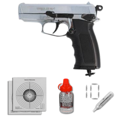 Zestaw wiatrówkowy 08: pistolet Voltran Ekol ES 66C Shiny 4.5 mm, 1500 BBs, 10 kapsuł CO₂, 100 tarcz