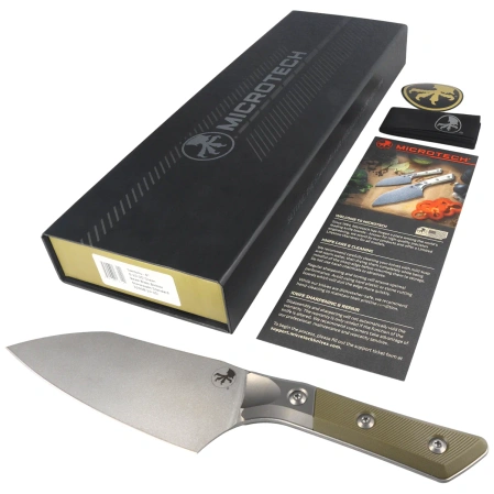 Microtech Santoku 6'' Kitchen Knife Titanium Bolster/OD Green G10, Stonewashed M390MK (3200B-10OD)