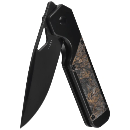 Kizer Militaw Knife Black Titanium / Dark Matter Gold Fat Carbon, Black Polished DLC S45VN by Jonathan Styles (Ki3634A3)