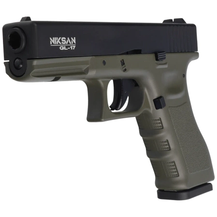 Zestaw wiatrówkowy 66: Pistolet Niksan Defence NKS GL17 Olive Drab Blow Back 4.5 mm, 1400 BBs, 10 kapsuł CO₂, 100 tarcz