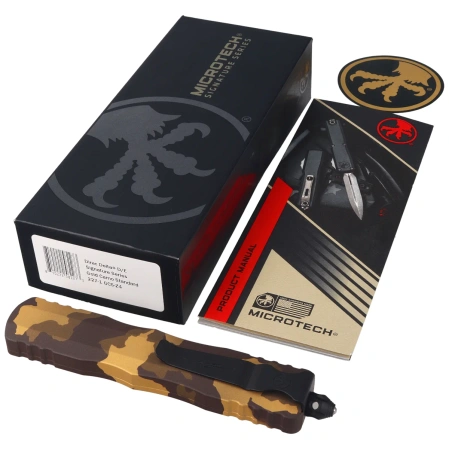 Microtech Dirac Delta D/E Signature OTF Knife Gold Camo Aluminum, Gold Camo M390MK by Tony Marfione (227-1 GCS-Z4)