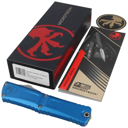 Microtech Combat Troodon Gen III T/E OTF Knife Blue Aluminum, Apocalyptic M390MK by Tony Marfione (1144-10APBL)