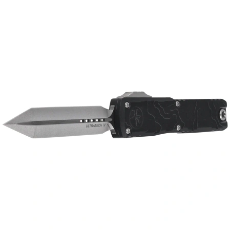 Microtech Ultratech Gen IV Spartan OTF Knife Black Topographic Deep Engraved Aluminium, Stonewashed M390MK by Tony Marfione (12234TP-10)