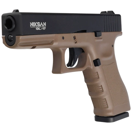 Zestaw wiatrówkowy 65: Pistolet Niksan Defence NKS GL17 Tan Blow Back 4.5 mm, 1400 BBs, 10 kapsuł CO₂, 100 tarcz