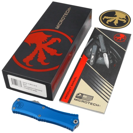 Nóż automatyczny OTF Microtech Hera II Mini D/E Blue Aluminium, Apocalyptic M390MK by Tony Marfione (1702M-10APBL)