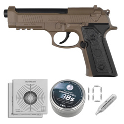 Zestaw wiatrówkowy 63: Pistolet Niksan Defence NKS CP92 Tan 4.5 mm, 1400 BBs, 10 kapsuł CO₂, 100 tarcz