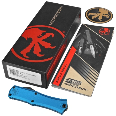 Microtech Hera II Mini Bayonet OTF Knife Blue Aluminum, Black M390MK by Tony and Sean Marfione (1701M-1BL)