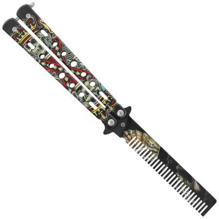 Nóż składany motylek Third Decor Habitat Balisong K3100 3D Poker Skull Print 420, Comb-Style Blade 420 (TH-K3100)