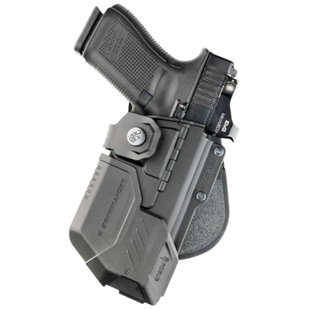 Fobus Holster, Tactical Series, for Glock 19, 19X, 23 (excluding 23 and 22 Gen 5), 32, and 45. This holster is designed for tactical use and is compatible with flashlights and laser units (RBT19G2 Bundle).