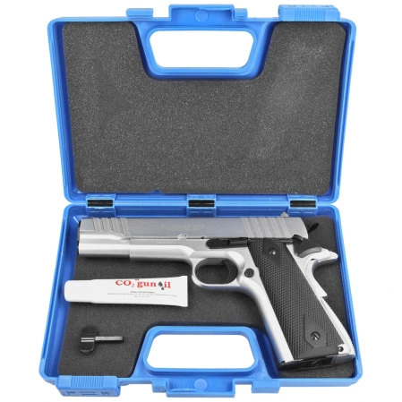 Zestaw pistolet wiatrówka Voltran Ekol ES 1911 v2 White 4.5 mm - Blow Back, 1500 BBs, 10 kapsuł, tarcze