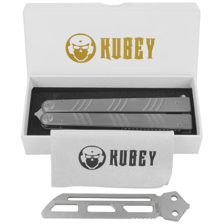 Kubey Ballistic Butterfly Knife Grey Titanium, Beadblasted 14C28N by Mark Perez (KU297A)