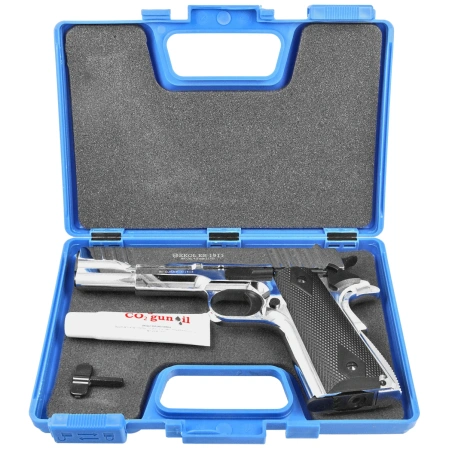 Zestaw pistolet wiatrówka Voltran Ekol ES 1911 v2 Shiny 4.5 mm - Blow Back, 1500 BBs, 10 kapsuł, tarcze