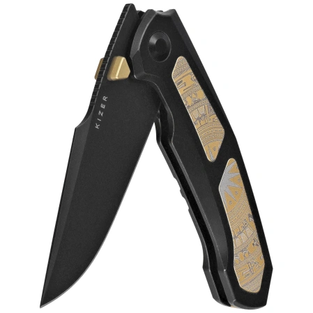 Kizer Feweed XL Knife Black Titanium / Gold Aluminum, Matte DLC Ultra S90V by Vu Huynh Nam Anh (Ki4694A1)