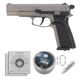 Zestaw wiatrówkowy 01: pistolet Voltran Ekol ES 66 Fume 4.5 mm, 1400 BBs, 10 kapsuł CO₂, 100 tarcz