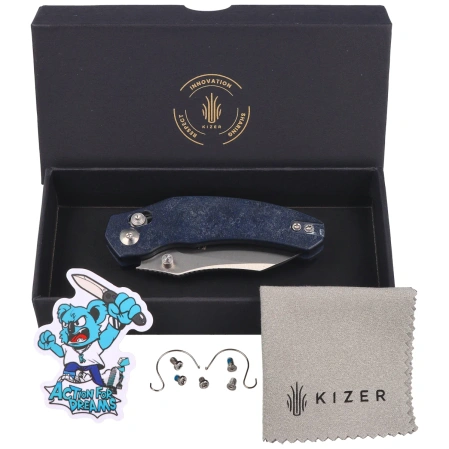 Kizer Mini Bulldog Knife Blue Canyon Richlite, Satin Nitro-V by O.SHO (V3672SA3)