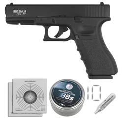 Zestaw wiatrówkowy 64: Pistolet Niksan Defence NKS GL17 Black Blow Back 4.5 mm, 1400 BBs, 10 kapsuł CO₂, 100 tarcz